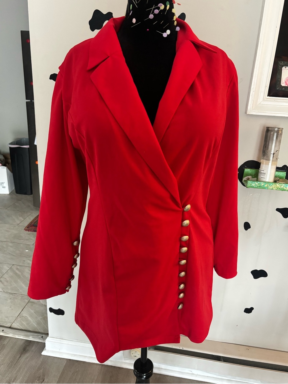 SHEIN Red Long Sleeve Button-Front Blazer Dress 2XL